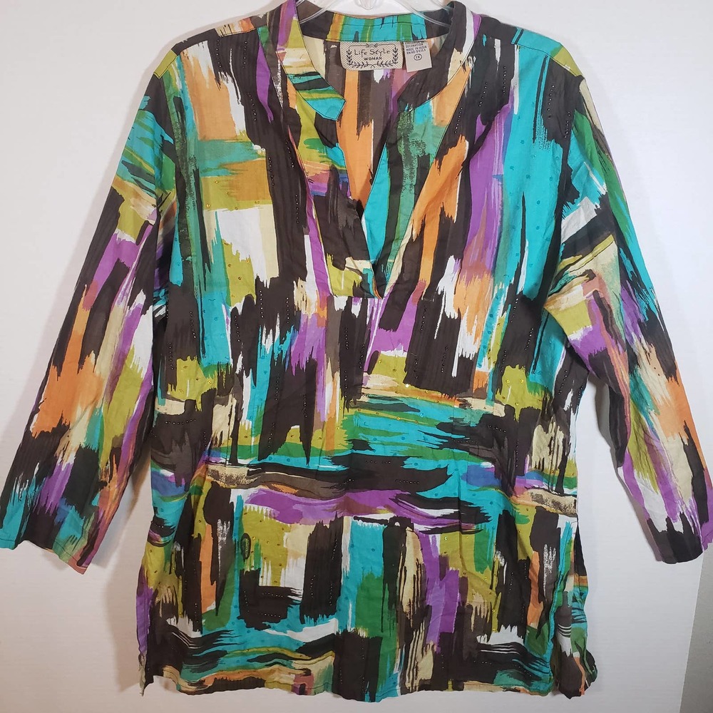 Life Style Woman Watercolor Beaded Tunic Sz 1X Fitted Waist